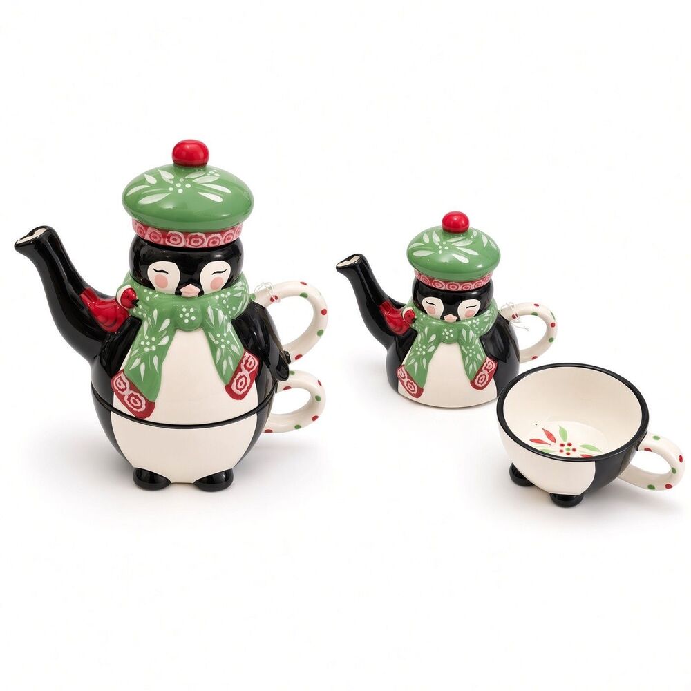 Temp-tations by Tara Stacking Penguin Teapot Cup Set Hand-Painted Figural 16 oz